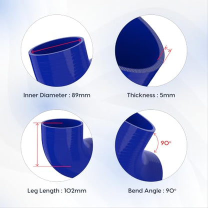 Endure 90 Degree Silicone Elbow Intake Hose 4-Ply, 3.5"(89mm) - Blue - color: Blue, size: ID - 3.5Inch(89mm)