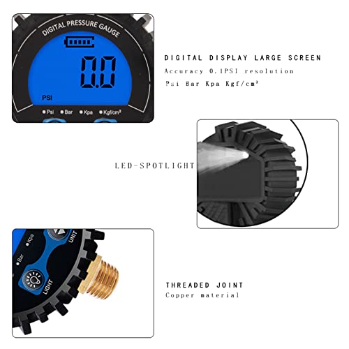 LCD Display Digital Tire Pressure Gauge, Four Unit 3?200PSI Wheel Tyre Air Inflator Monitoring Tester M11x1 Thread Blue Backlight Inflator Tool