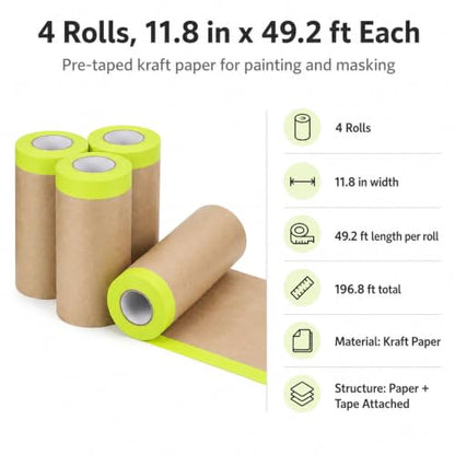yeesport Pre-Taped Masking Paper for Painting, 4 Rolls, 11.8 in x 49.2 ft - size: 11.8 In x 49.2 Ft