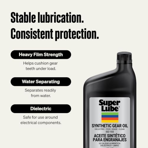 Super Lube Synthetic Gear Oil - Heavy Duty Synthetic Machinery Oil for Truck & Auto Maintenance - NSF H1 Food Grade Gear Lubricant - ISO 150 - Translucent Amber - Bottle - 1 qt (54100) - size: ISO 150 - 1qt Bottle