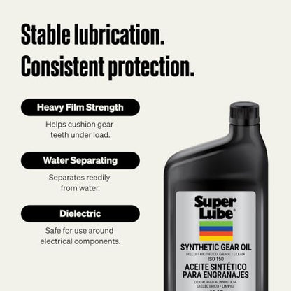 Super Lube Synthetic Gear Oil - Heavy Duty Synthetic Machinery Oil for Truck & Auto Maintenance - NSF H1 Food Grade Gear Lubricant - ISO 150 - Translucent Amber - Bottle - 1 qt (54100) - size: ISO 150 - 1qt Bottle