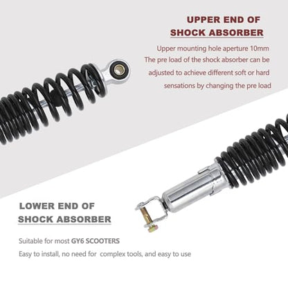 Minho Motorcycle Dual Rear Shock Absorbers with Adjustable Spring Preload in Heavy Iron Material Compatible with Chinese GY6 Scooter Mopeds Taotao Tank Jonway Roketa,290MM Length,10MM Mounting Hole - size: 290mm