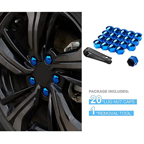 Blueshyhall 21mm 휠 러그 너트 커버 볼트 캡 녹 방지 자동차 타이어 너트 커버 제거 도구 포함 (20개 팩) - 크롬 블루 - color: 블루., size: 21 MM