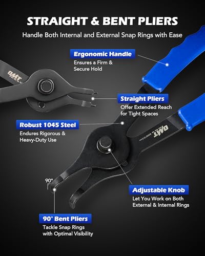 OMT Snap Ring Pliers Set, 10Pc Internal & External Circlip Tool With Hook - color: Black