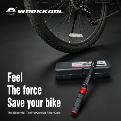 WORKKOOL 1/4" Bike Torque Wrench Set 72-Tooth Dual Direction, 15PCS Drive Click Torque Wrench Double Scale 2-24Nm/1.47-17.7ft.lb/17.7-212.42in.lb for Bicycle, Motorcycle