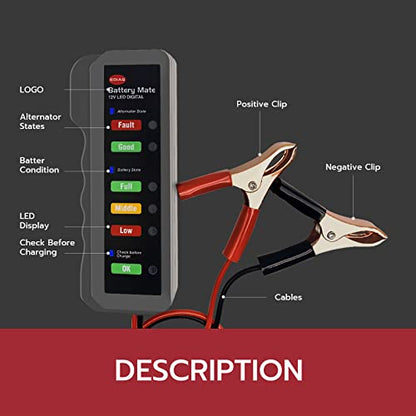 Automotive Load Tester Indicator, 12V Automotive Vehicle Battery Condition Detector, LED Indication, Digital Alternator Charging System Analyzer, Universal for Car, Motorcycle, Truck.
