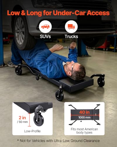 VEVOR 40 in Mechanic Creeper with 4 Large Wheels, 400 lbs Low Profile Under Car Garage Roller, Rolling Creeper with Raised Headrest, Manual Brake for Auto Repair - color: 40 inch with 4 wheels