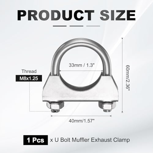 HARFINGTON U Bolt Muffler Exhaust Clamp 33mm/1.3" 304 Stainless Steel U-Bolt Clamps Muffler Tip Hook Saddle Exhaust Clip for Tip Pipes Connection - size: 33mm