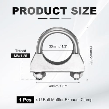 HARFINGTON U Bolt Muffler Exhaust Clamp 33mm/1.3" 304 Stainless Steel U-Bolt Clamps Muffler Tip Hook Saddle Exhaust Clip for Tip Pipes Connection - size: 33mm