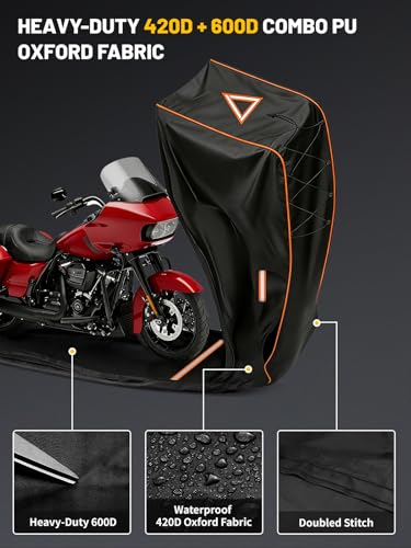 COVERVIN Full Enclosed Motorcycle Cover, 600D Heavy Duty Waterproof Motorcycle Cover, Outdoor UV Protection with Reflective Strips, Fits 108" Harley Honda Yamaha Suzuki, Cruiser, Touring Black - size: XXXL-108"