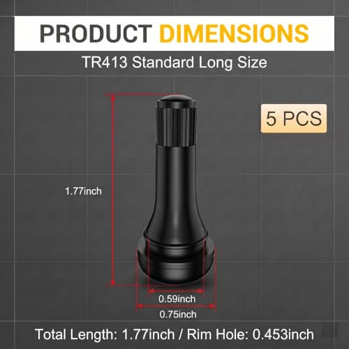 5 PCS TR413 Tire Valve Stems, Rubber Snap-in Tubeless Wheel Valve Replacement 0.453" Rim Hole Fit, Black Short Stem Car Tire Accessories, Universal for Most Cars SUVs Trucks (TR413) - color: TR413