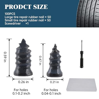 100 PCS Tire Repair Rubber Nail Kit, Vacuum Tire Repair Kits Spiral Rubber Nails, Self-Service Screw in Tire Repair Plugs for Car, Truck, Motorcycle, Tractor Tire Puncture Repair - size: 100PCS