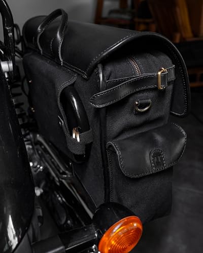 Trip Machine Company Expedition Motorcycle Saddle Bags – 25L Each (50L Pair) 16oz Heavy-Duty Canvas & Leather Panniers, Waterproof Lining with Rain Cover (Left Side, Black) - color: Black, style: Left Side
