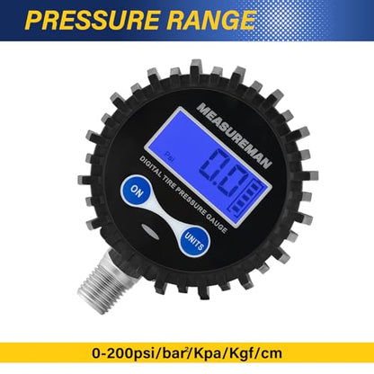 MEASUREMAN 2-1/2" Dial Size Digital Air Pressure Gauge with 1/4'' NPT Bottom Connector and Protective Boot, 0-250psi, Accuracy 1%, Battery Powered with LED Light - size: Long thread, style: 0-250psi