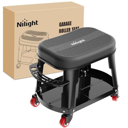 Nilight Rolling Mechanic Stool 300LBS Black Garage Seat with Tool Tray - color: Black 300lbs