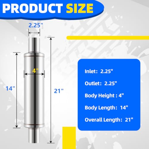2.25 inch Universal Mufflers Single Chamber,2.25” Center In/2.25” Center Out,21" Overall Length Straight-Through Mild Steel Performance Muffler,Suitable for Cars and Trucks(2.25''Inlet/Outlet) - color: Center In / Center Out, size: 2.25''