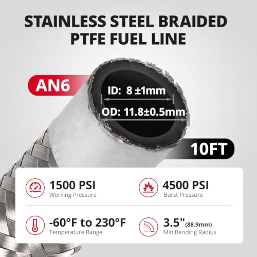 EVIL ENERGY EFI Fuel Pressure Regulator Kit Adjustable (20-120PSI) with Gauge 6AN PTFE Fuel Line Hose Fitting Connectors Kit Universal Aluminum (Silver) - color: Silver