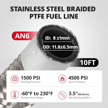 EVIL ENERGY EFI Fuel Pressure Regulator Kit Adjustable (20-120PSI) with Gauge 6AN PTFE Fuel Line Hose Fitting Connectors Kit Universal Aluminum (Silver) - color: Silver