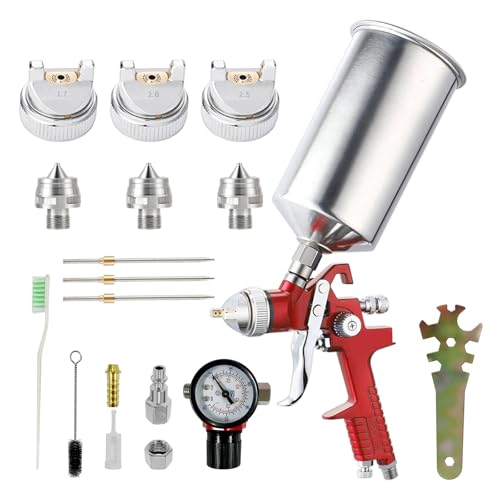 HVLP Gravity Feed Spray Paint Gun Kit, 1.4mm, 1.7mm, 2.0mm & 2.5mm Nozzles, 1000cc Aluminum Cup, for Painting, Topcoat & Touch-Up
