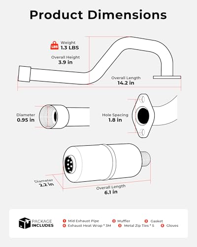 Mini Bike Center Exit Exhaust Pipe Kit for FRP GMB100 Series, Runtong OHV 99cc 220cc Engine – Heavy Duty 1.8mm Steel Exhaust System with Muffler & Heat Wrap - size: Center Exit