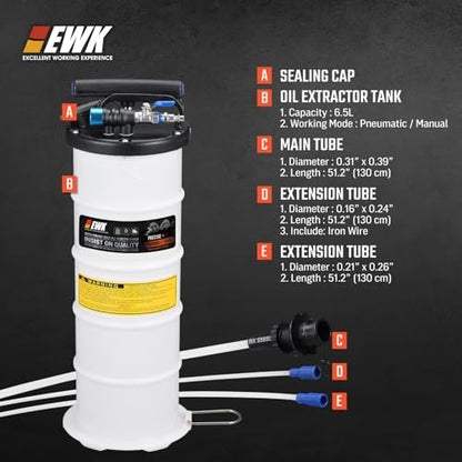 EWK 6.5L Pneumatic/Manual Fluid Extractor Pump & Flexible Reusable Funnel - size: 6.5L + Flexible Oil Funnel