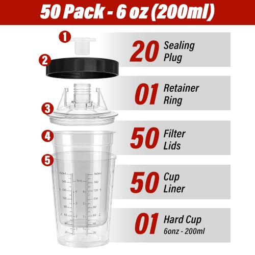 LAUCO Disposable Spray Gun Paint Cups Kit – 50 Pack Liners & Lids with 125 Micron Strainer, Hard Cup, Retainer Ring & Plugs (200ml / 6oz) 25982 - size: 200ml / 6oz