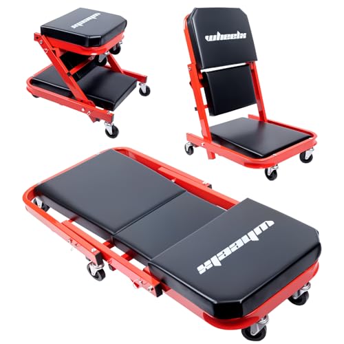 Mechanic Creeper 40inches 3-in-1 Z Seat 480lbs Capacity, Foldable Garage Chair Adjustable Rolling Folding with 6pcs Wheels Roller, Lay Down Sit Lean Back, Under Car Shop Auto Repair Man Gift - color: Red