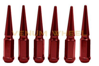 12 Pc 12x1.5 Red Tall 4.5" Solid Spike Lug Nuts with Locking Socket Key | Heavy Duty One Piece Concstruction Solid