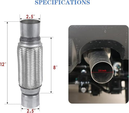 Exhaust Flex Pipe 2.5" Inlet 12" Length Heavy Duty Stainless Universal - size: 2.5"x8"x12"