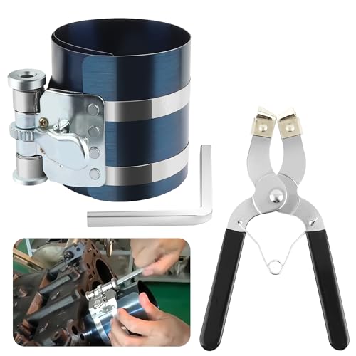 Car Engine Piston Ring Compressor Tool for 60-150mm,Piston Ring Compressor Kit with Piston Ring Pliers Install&Remove Piston Ring,Ring Compressor with Adjustable Screw