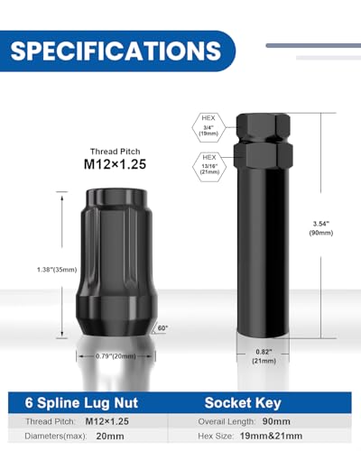 GAsupply M12x1.25 Lug Nuts Spline Black, 1.38" Tall Cone Seat, 20Pack+1 Key - color: Black, size: M12x1.25, style: 20 Pack-1.38" Tall