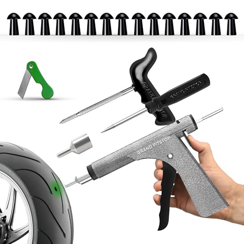 GRAND PITSTOP Tubeless Tire Gun Puncture Repair Kit with Mushroom Plug for Tyre Punctures and Flats on Cars, Motorcycles, ATV, Trucks & Tractors (Gun Kit 15 Plugs Antic Silver) - color: 15 Plugs AS
