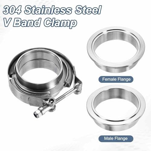 HARFINGTON 2pcs V Band Clamp with Flange 2.36 Inch 304 Stainless Steel Male Female V-Band Exhaust Clamp Flange Kit for Auto, Silver - size: 2.36 Inch