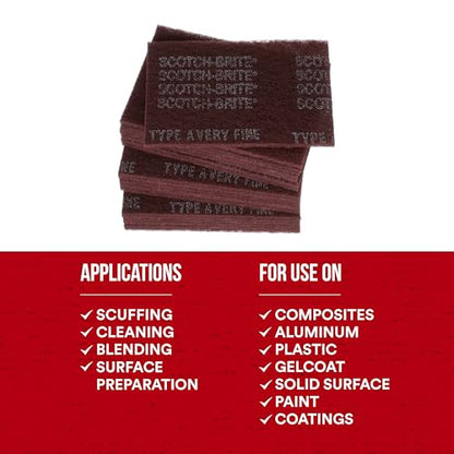 3M Scotch-Brite General Purpose 7447 Hand Pad, Very Fine Grade, 6 in x 9 in, Pack of 30, Aluminum Oxide, Surface Preparation, Scuffing, Blending, Cleaning, Maroon