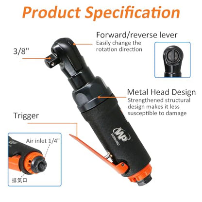 Workpad Compressed Air Ratchet Wrench 9.5 mm 3/8 Inch Mini Type 180 mm Lightweight 650 g Maximum Torque 54 N.m