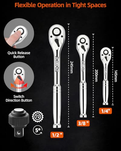201pc Mechanics Tools Set, 1/2'', 1/4'', 3/8'' Drive Socket Set - size: 201pcs