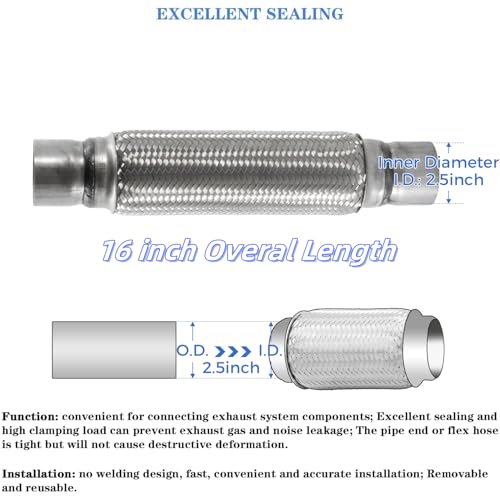 Exhaust Flex Pipe 2.5"x12" Heavy Duty Stainless Steel 16" OL - size: 2.5"x12"x16"