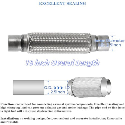 Exhaust Flex Pipe 2.5"x12" Heavy Duty Stainless Steel 16" OL - size: 2.5"x12"x16"