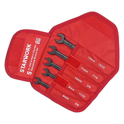 STARWORK TRUE MECHANIC™ 5-Piece 2-in-1 Flex-Head Ratcheting Wrench Set with Rolling Pouch, 120-Tooth, SAE&Metric - size: 5Pc. 120T Flexible