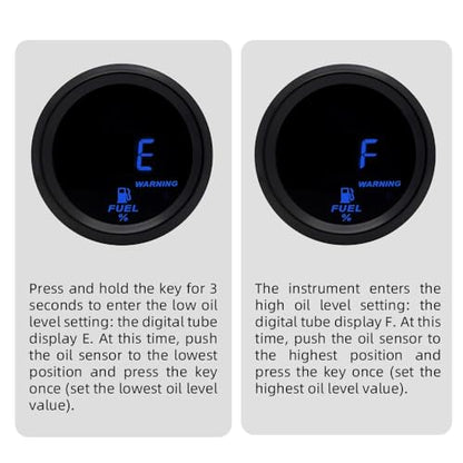 2 Inches 52mm Car Fuel Level Digital Gauge Automobile Blue Backlight Universal Meter (Fuel Gauge with Sensor)