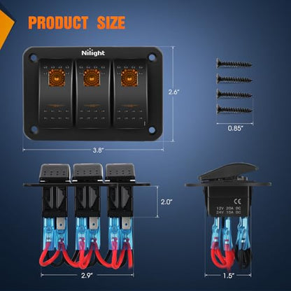 Nilight 3 Gang Rocker Switch Panel w/Orange LED Light 5Pin ON Off Pre-Wired - color: Amber, size: 3 Gang