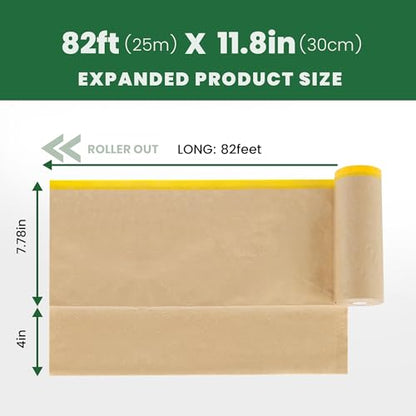 Voomey Pre-Taped Masking Paper for Painting - 12 inch x 82 feet Tape and Drape Painters Paper, Paint Adhesive Protective Paper Roll for Covering Skirting, Frames, Cars and DIY Projects - size: 300mm*25m, style: Standard Roll