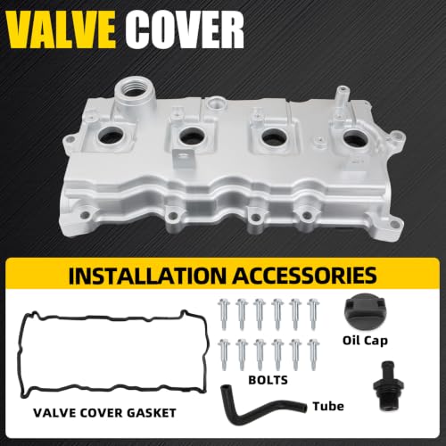 Aluminum Valve Cover Compatible with Nissan Altima 2007-2012, Rogue 2008-2013, Sentra 2007-2012, L4 2.5L Gas Replace 13264-JA00A 13270-JA00A with Gasket Oil Cap Bolts & Tube - color: Silver (Aluminum)