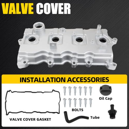 Aluminum Valve Cover Compatible with Nissan Altima 2007-2012, Rogue 2008-2013, Sentra 2007-2012, L4 2.5L Gas Replace 13264-JA00A 13270-JA00A with Gasket Oil Cap Bolts & Tube - color: Silver (Aluminum)