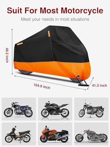 Puroma Motorcycle Cover Heavy Duty Scooter Cover Waterproof Outdoor All Season Universal Weather Quality Protection with Night Reflective, Lock Holes and Storage Bag Fits up to 105" Motorcycle Vehicle - color: Orange & Black, size: 105'' L x 41'' W x 49''