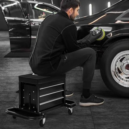 M-AUTO Rolling Mechanic Stool Garage Toolbox Stool Tool Chest Seat w/Wheels, 350LBS Capacity Padded Mechanic Stool Creeper Seat w/Drawers & Side Tool Trays for Home Garage and Workshop, Black