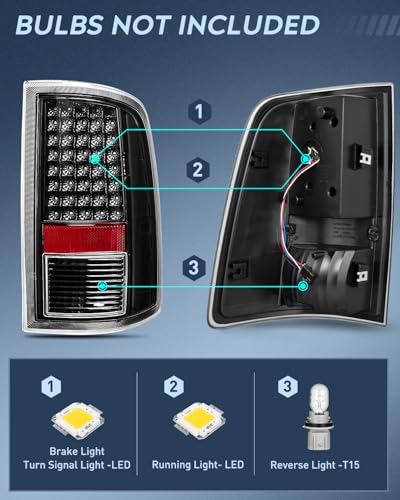 Nilight Taillight Assembly for 2009-2014 2015 2016 2017 2018 Dodge Ram - color: LED Black