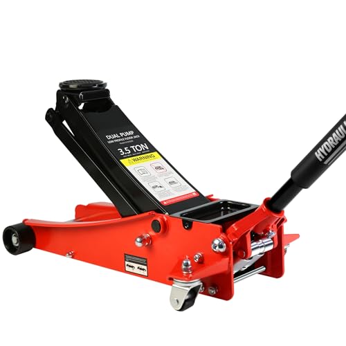 Floor Jack, Low Profile Steel Heavy Duty Hydraulic Trolley Racing Car Jack with Dual Piston Quick Lift Pump, 3.5 Ton (7000 lbs) Capacity, Lifting Range 4"-21", Red - color: Red, style: 3.5 Ton-Steel Dual Pump 4"-21"