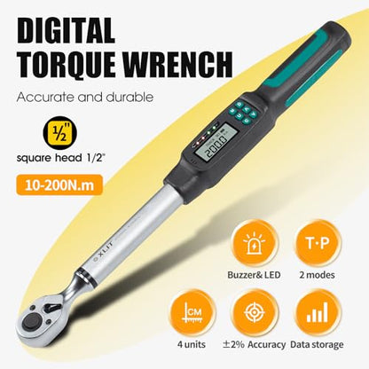 1/2" Digital Torque Wrench 4.4-147.5 ft-lb/6-200 Nm, ±2% Accuracy, LED & Buzzer Alerts, 4 Units, Industrial CR-V Steel, Calibration Report & Protective Case for Car, Motorcycle, Bike Repair - size: 1/2", 4.4-147.5 ft-lb (6-200 Nm)