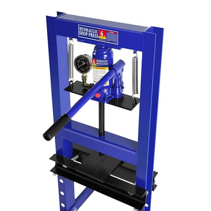 Hydraulic Press with Stamping Plates 6 Ton Hydraulic Shop Press H-Frame with Pressure Gauge Steel H-Frame Garage and Shop Floor Press Convenient Pin System Adjusting Height Blue